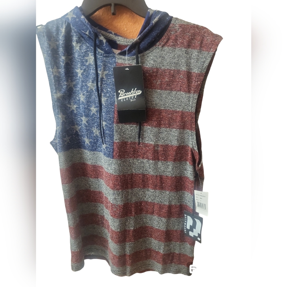 Brooklyn Cloth Shirt Men's Size Small Red White Blue American Flag Hooded 4th
